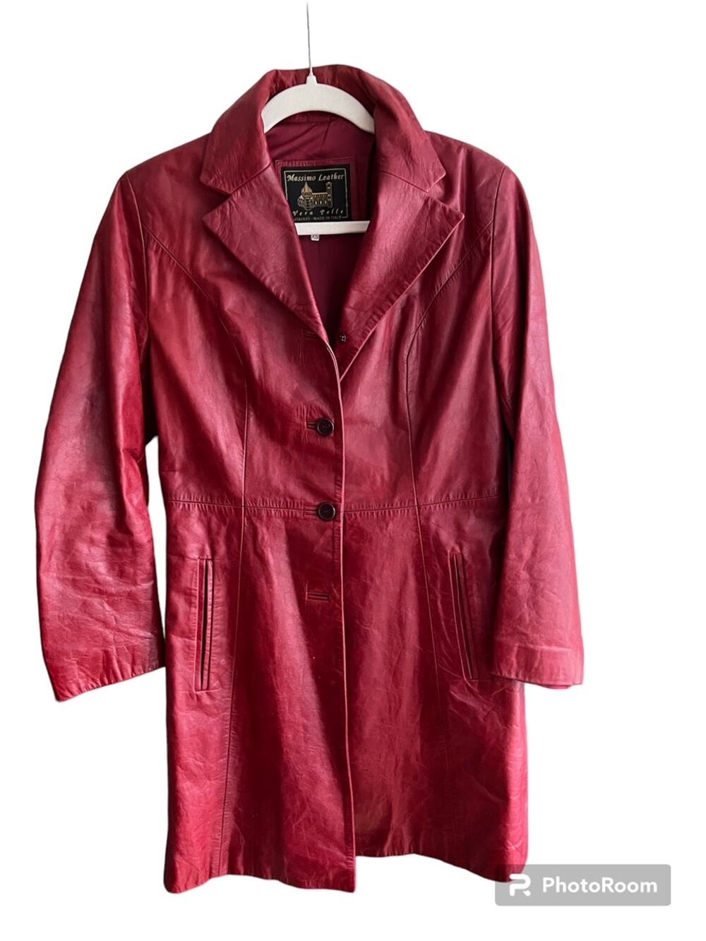Red Leather Vintage Trench Coat - Size Small